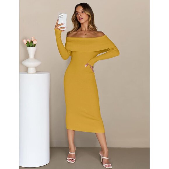 Merokeety Women's Ginger Off Shoulder Long Sleeve Elegant Bodycon Midi Dress - Picture 7 of 9